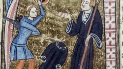 Der Apostat: Detail einer Illustration, die einen ehemaligen Mönch mit Tonsur zeigt, dessen geistliches Gewand am Boden liegt, während er mit Schwert und Schild vor dem Abt steht. / James Le Palmer / British Royal Library (CC0) 